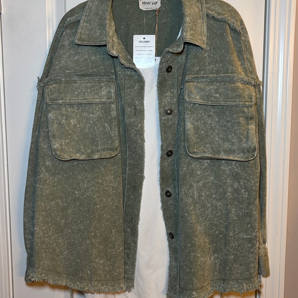 “New In” heathered green denim jacket NWT size M